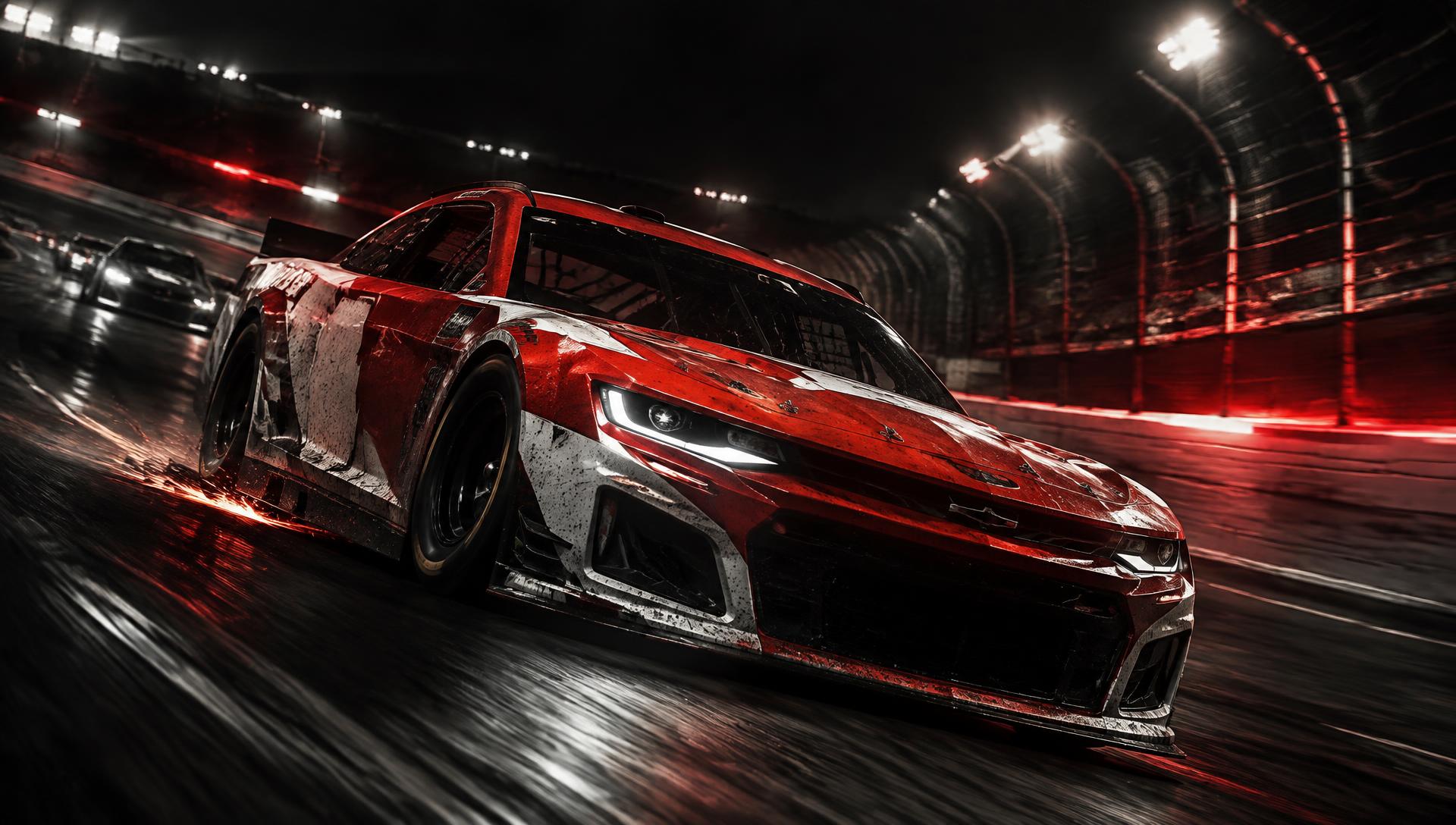 Race car at speed on a night oval